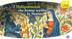 Monaci e monache con strumenti scientifici e artistici